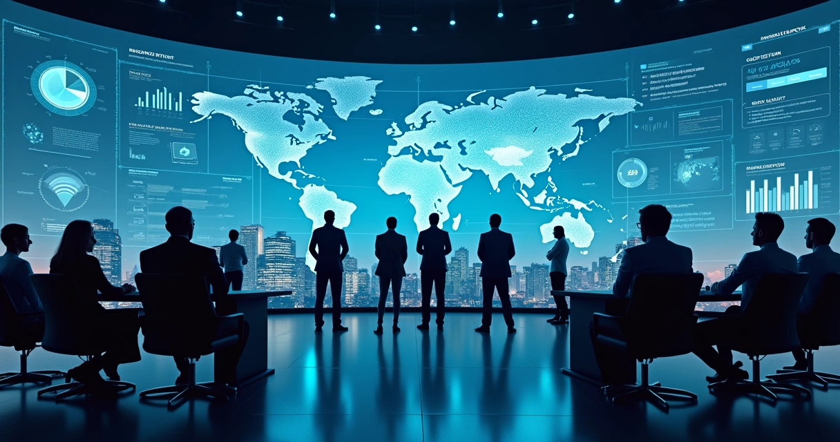 Siluetas de empresas olhando para um painel digital com gráficos de IA 