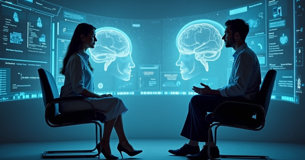 Ambiente digital mostrando integração entre humano e IA em saúde mental 