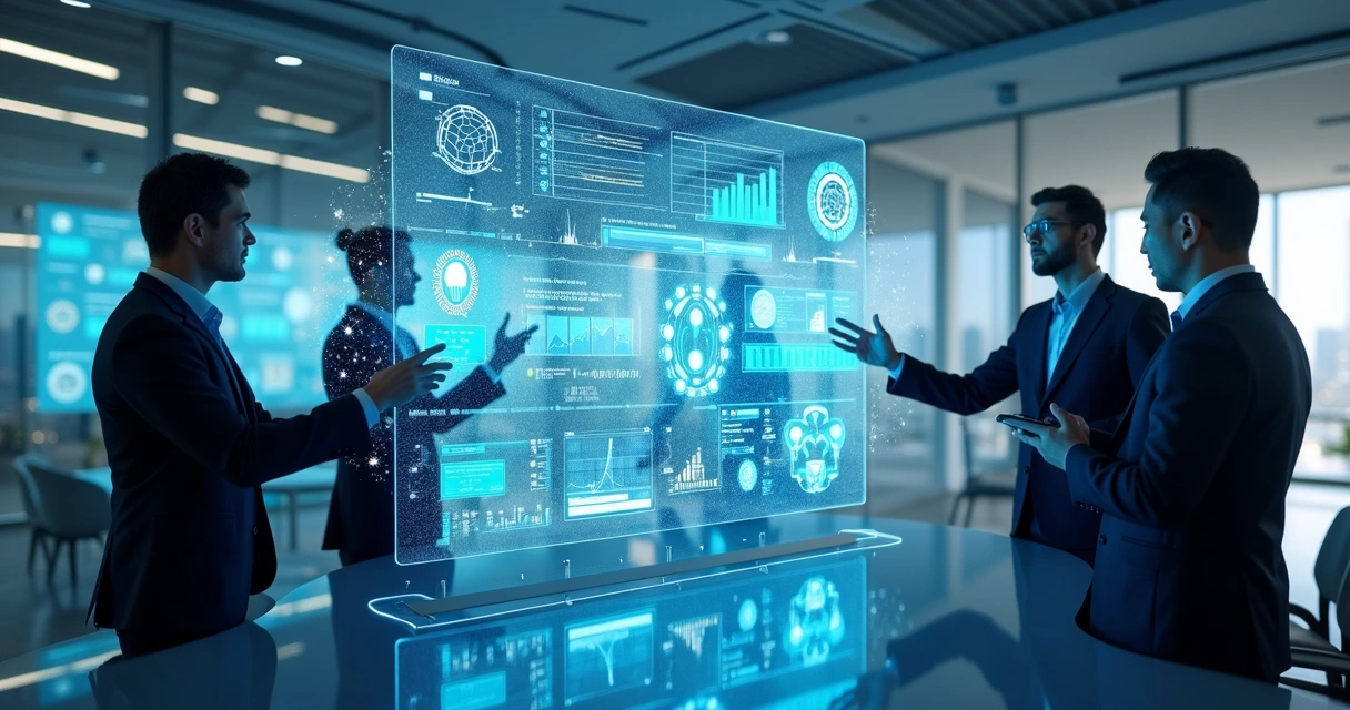 Painel digital com dados fiscais e IA, cenário futurista de escritório 