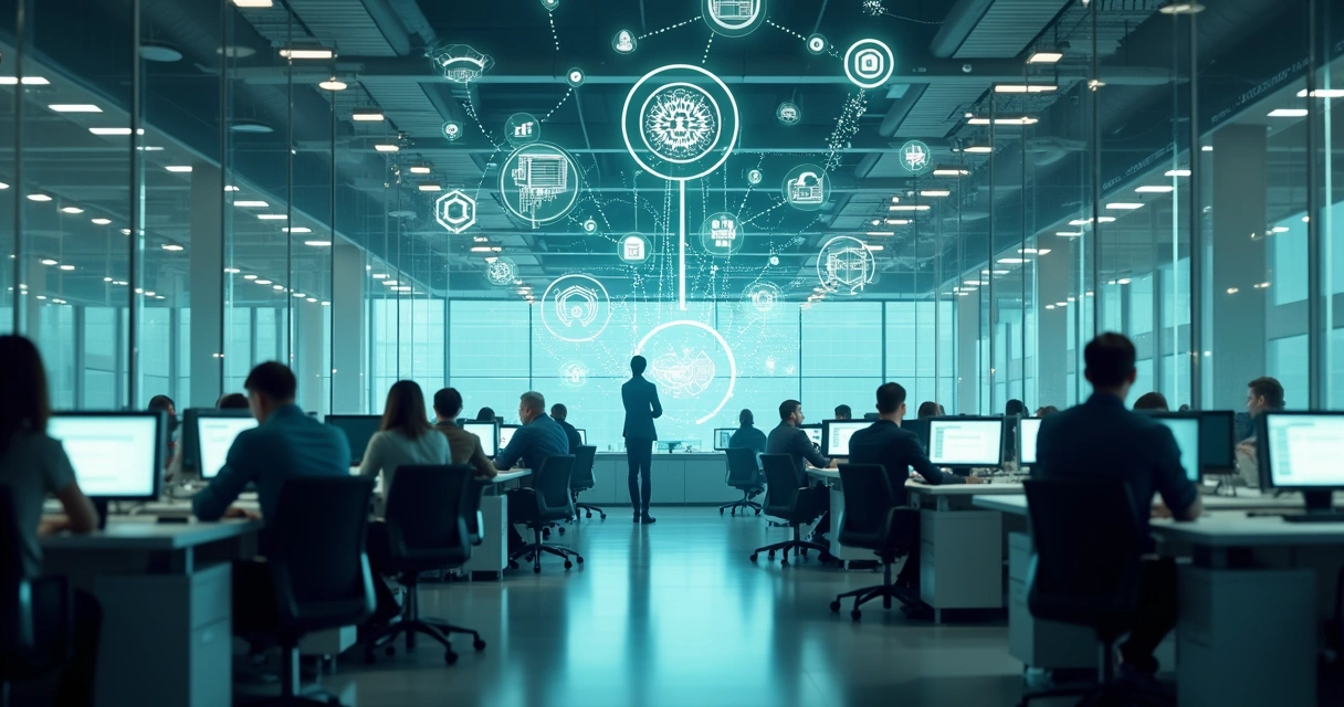 Agentes de IA conectando sensores IoT em ambiente corporativo 