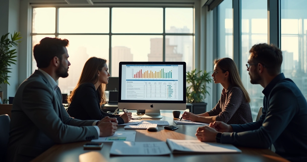 Equipe comercial analisando dados em uma tela de computador 