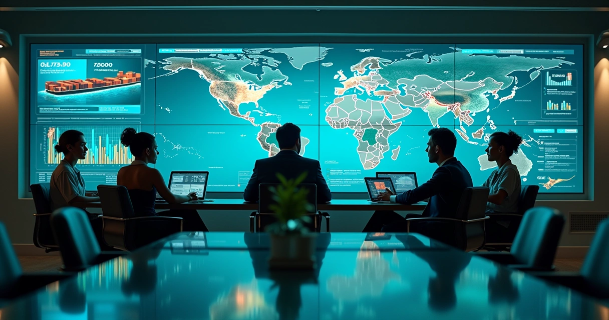 Representação de logística do futuro com painéis digitais e equipe colaborando. 