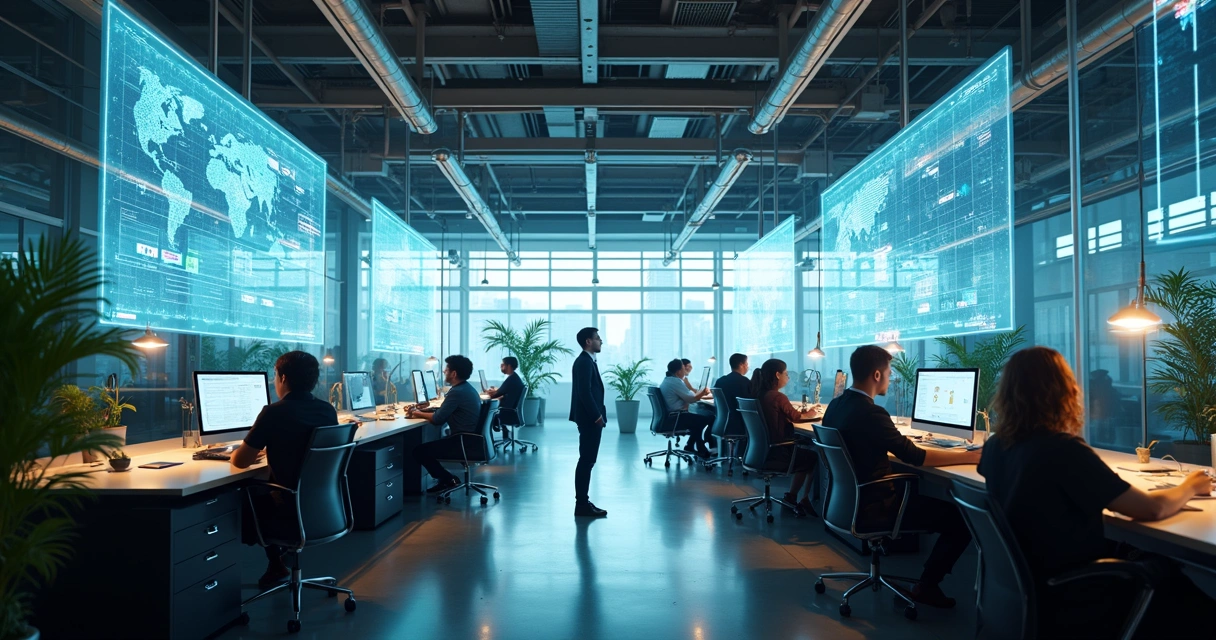 Ambiente corporativo moderno com equipes interagindo com interfaces digitais avançadas 