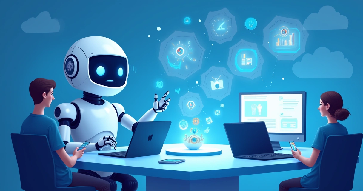 Robô inteligente interagindo com humanos em ambiente digital 