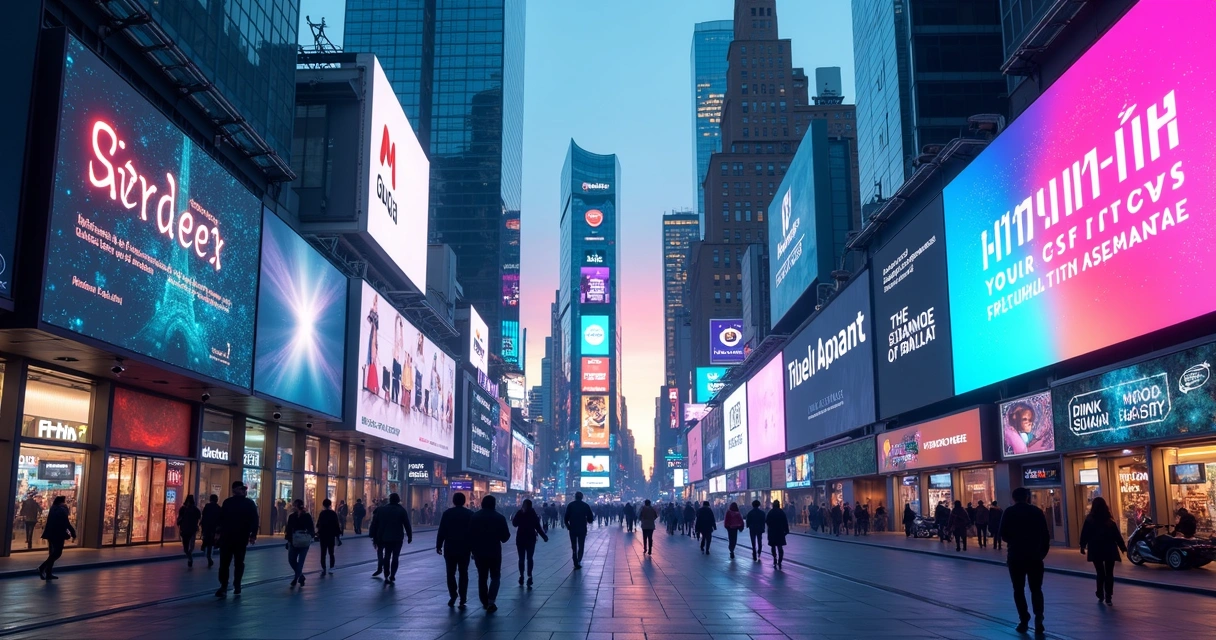 Cidade futurista com marketing digital em telas interativas 