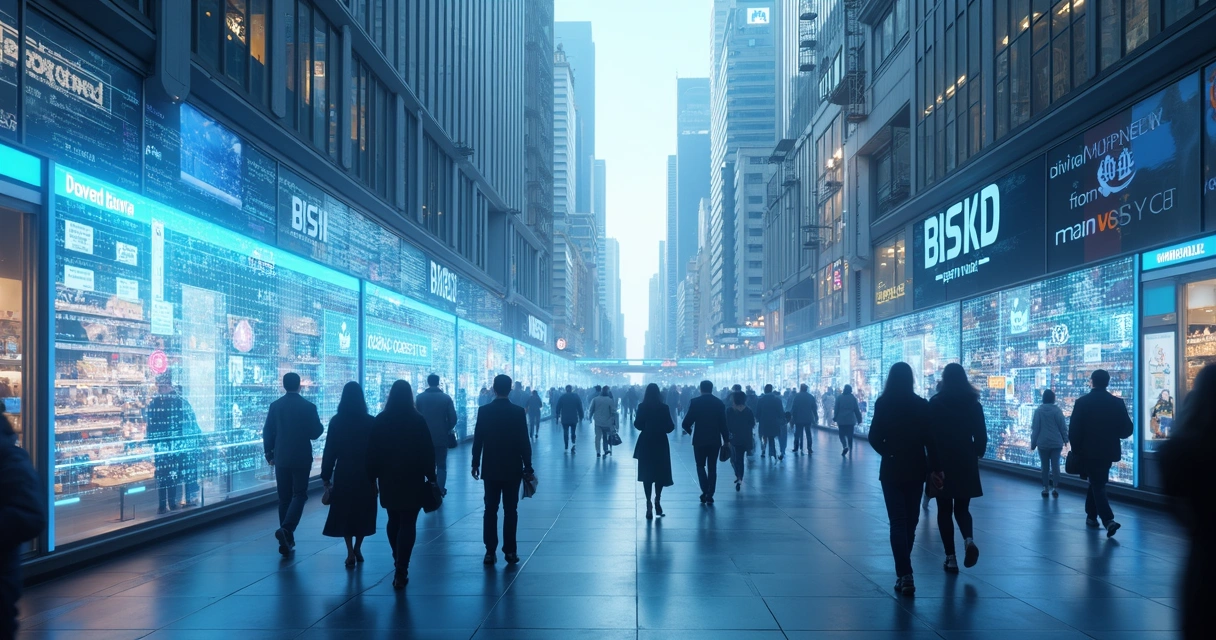 Ambiente futurista com assistentes de voz conectando pessoas e marcas 