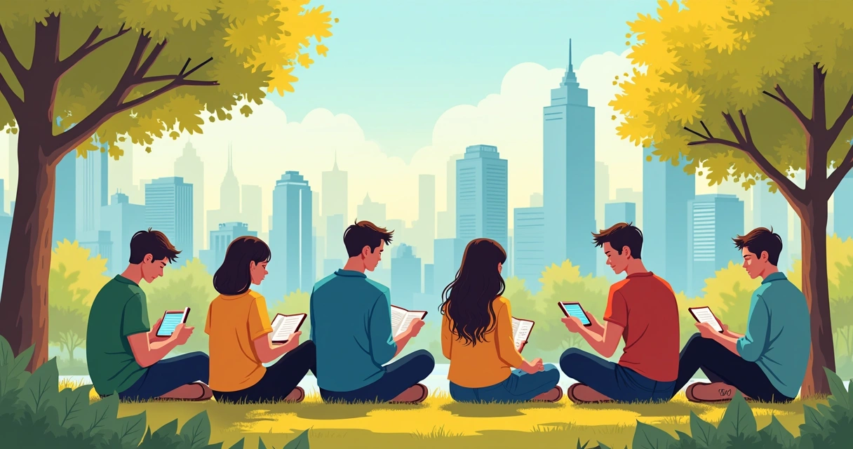 Jovens lendo romances e livros japoneses com vista futurista ao fundo 