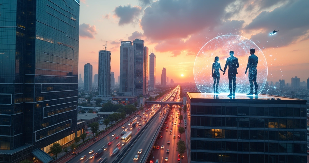 Cidade futurista com empresas conectadas por redes digitais e agentes de IA 