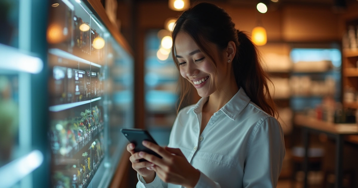 Cliente faz compra usando smartphone em loja física, conectando canais online e offline 