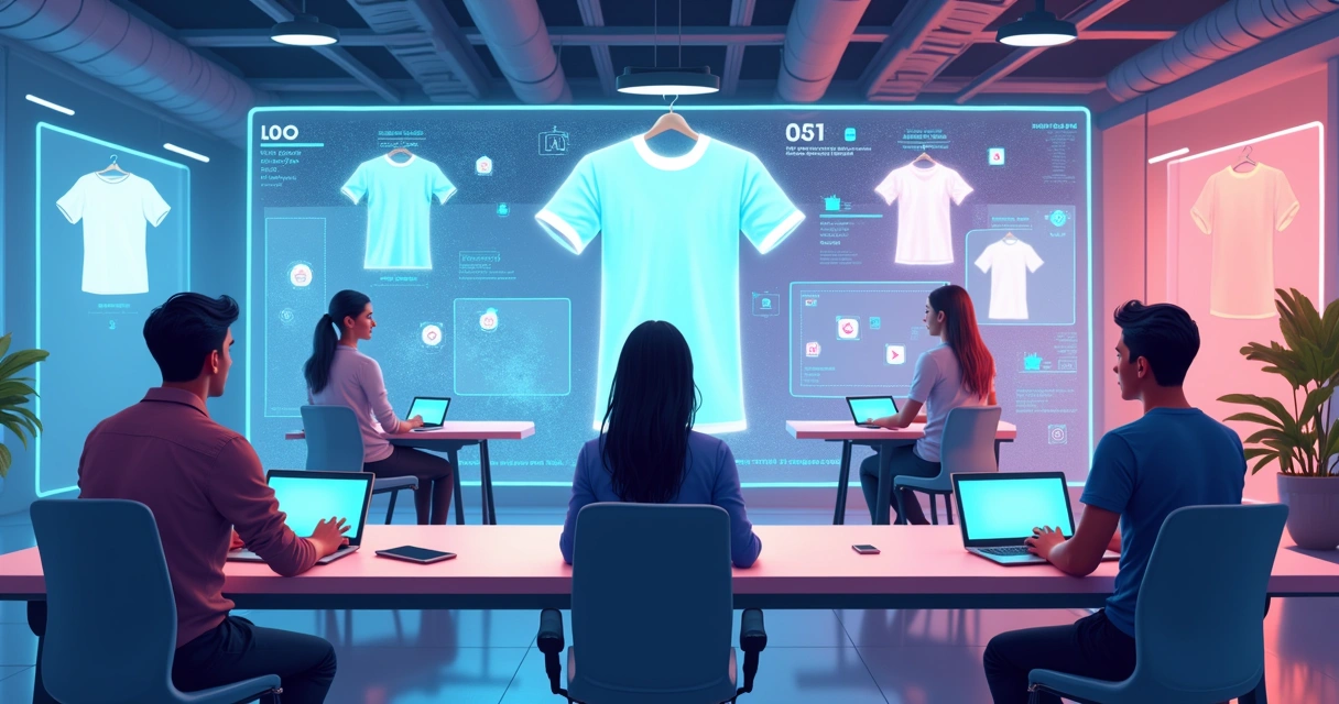Ambiente futurista com pessoas personalizando camisetas digitalmente 