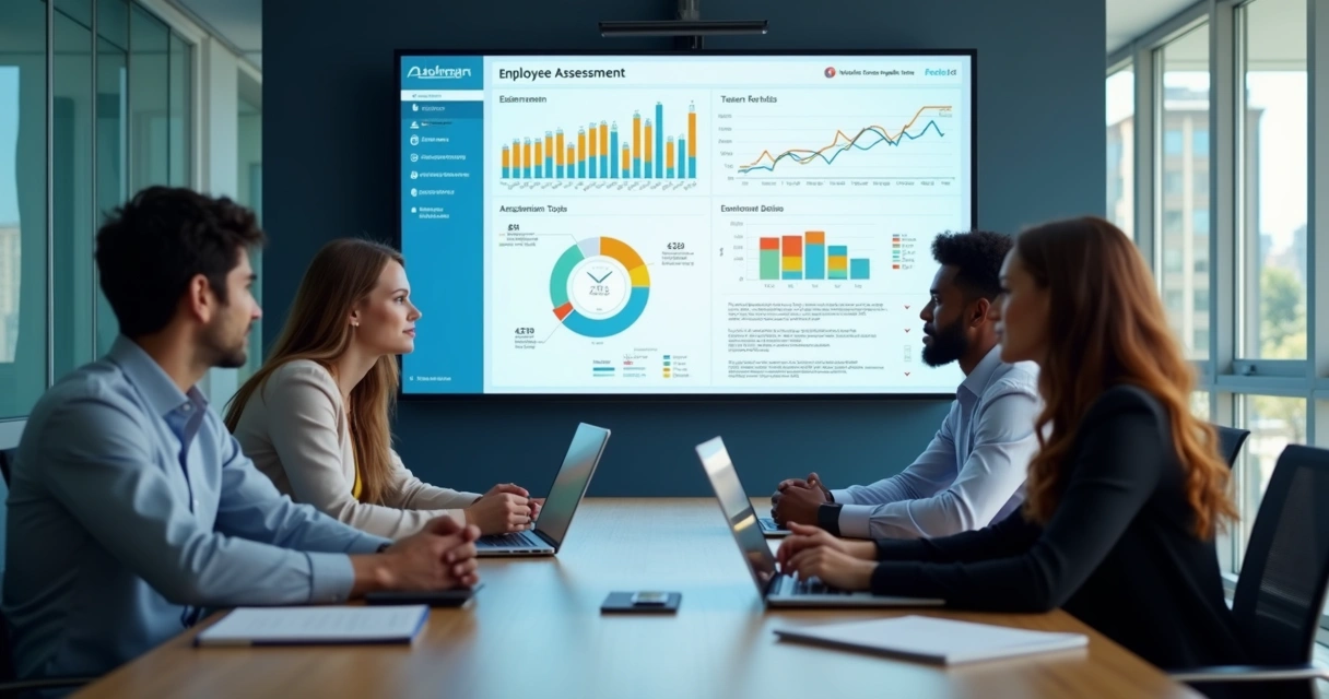 Painel digital mostrando métricas de avaliações em empresa, equipe observando resultados em tela grande 