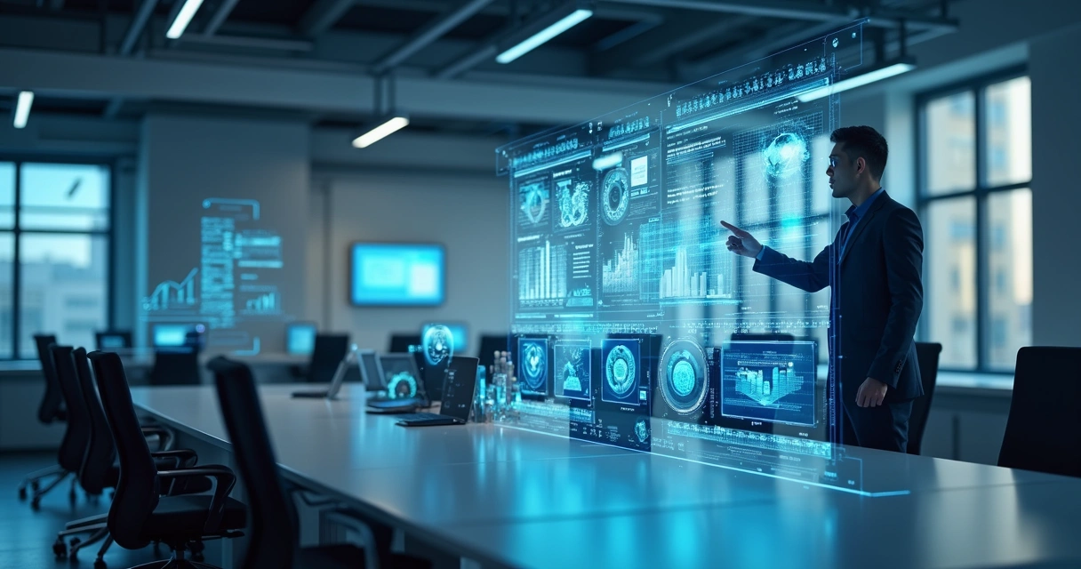 Ilustração futurista de propostas comerciais digitais e dados em ambiente corporativo 