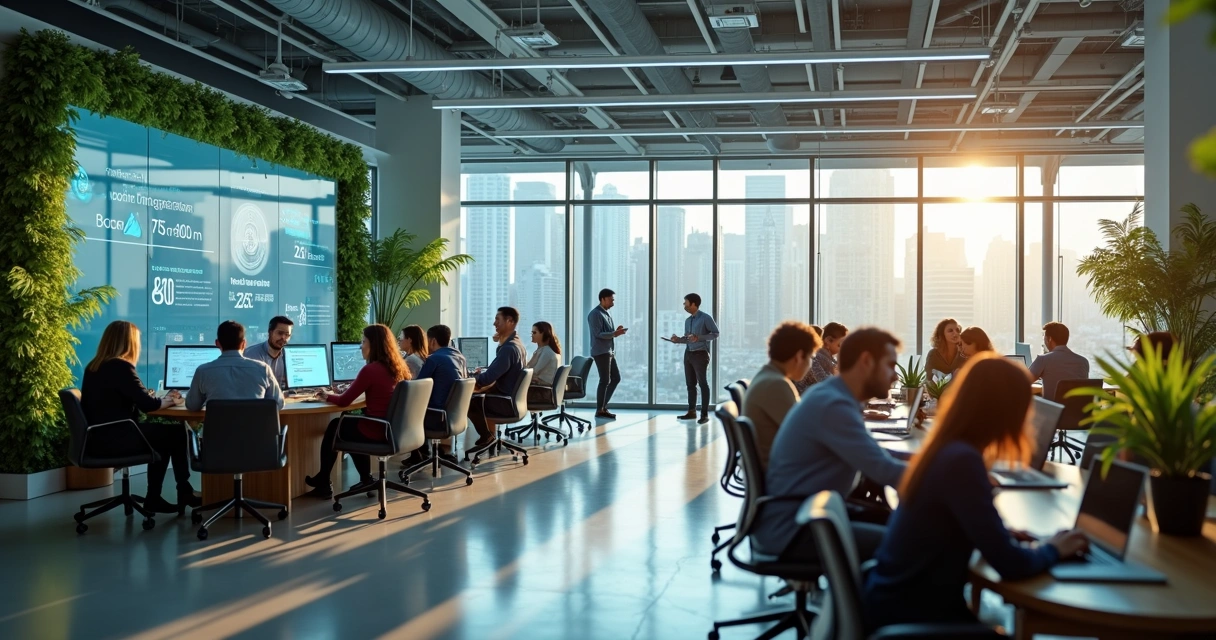 Ambiente corporativo inovador com tecnologia e colaboradores felizes