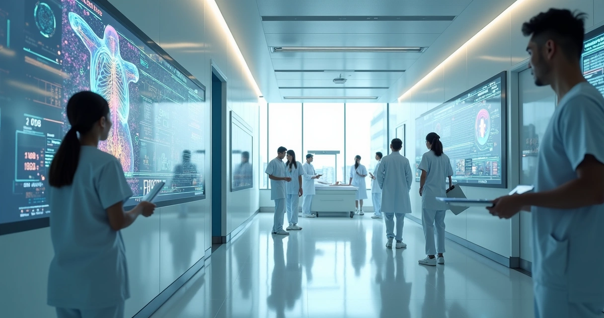 Hospital futurista com profissionais usando painéis digitais e IA