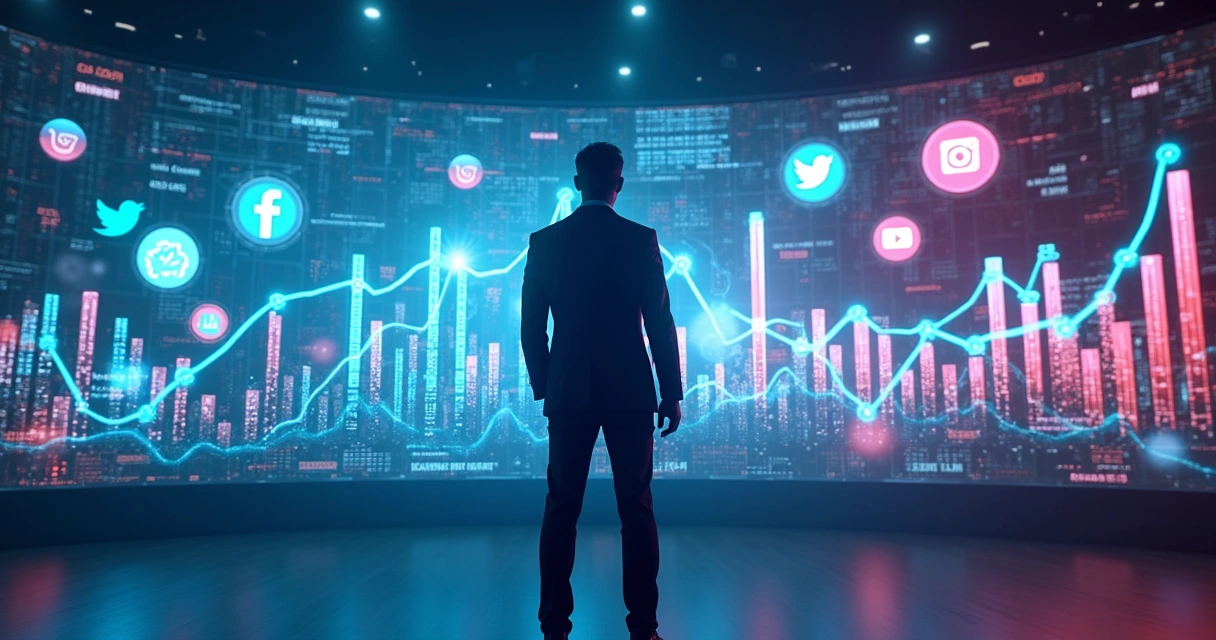 Profissional olhando para painéis digitais futuristas e gráficos interativos 