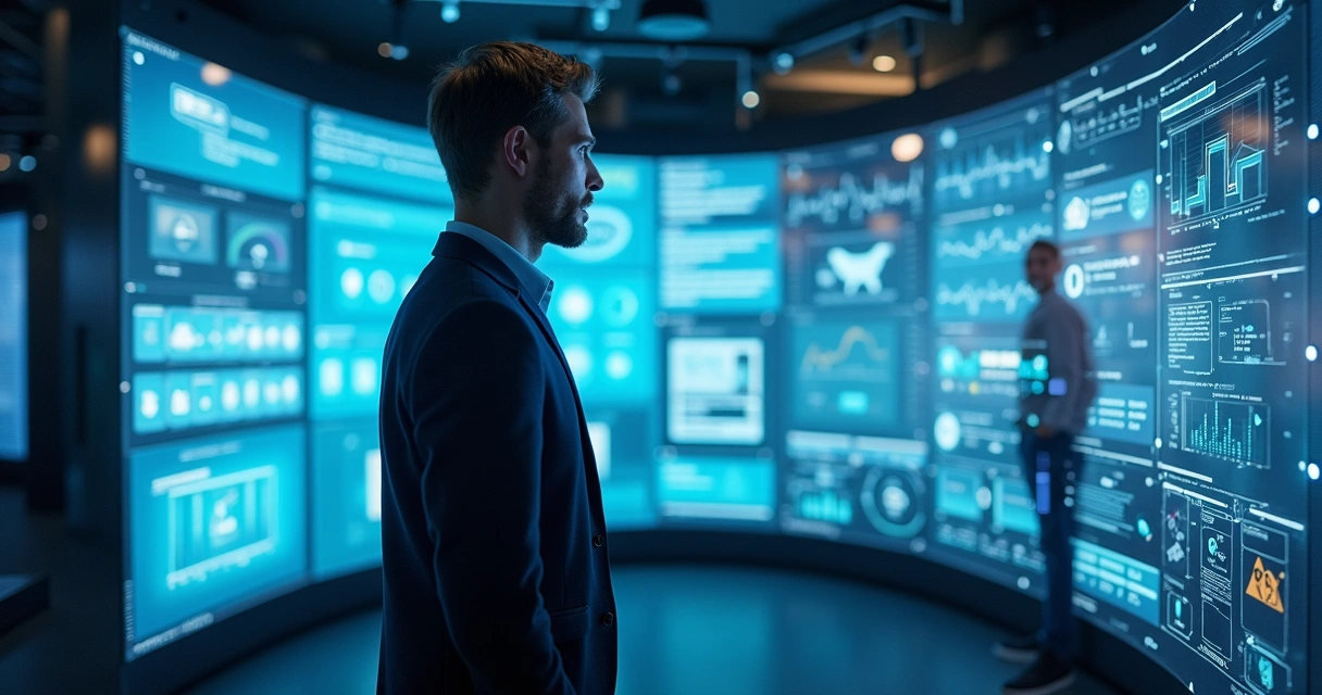 Profissional ao lado de assistente virtual diante de telas digitais interativas 