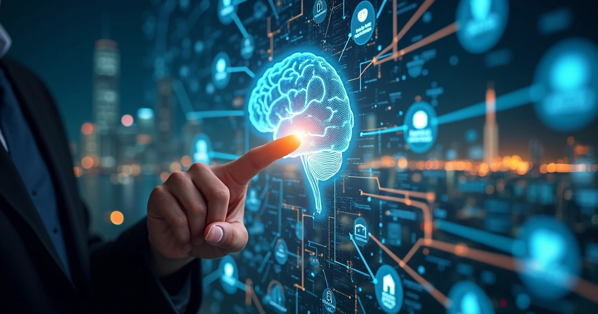 Interface futurista mostrando IA e blockchain protegendo rede de dados financeiros 