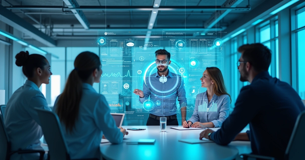 Tela futurista com gráficos de saúde e equipe conectada