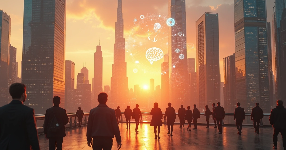 Futuristic cityscape at sunset with digital holograms projecting ethical and technological symbols layered over urban architecture