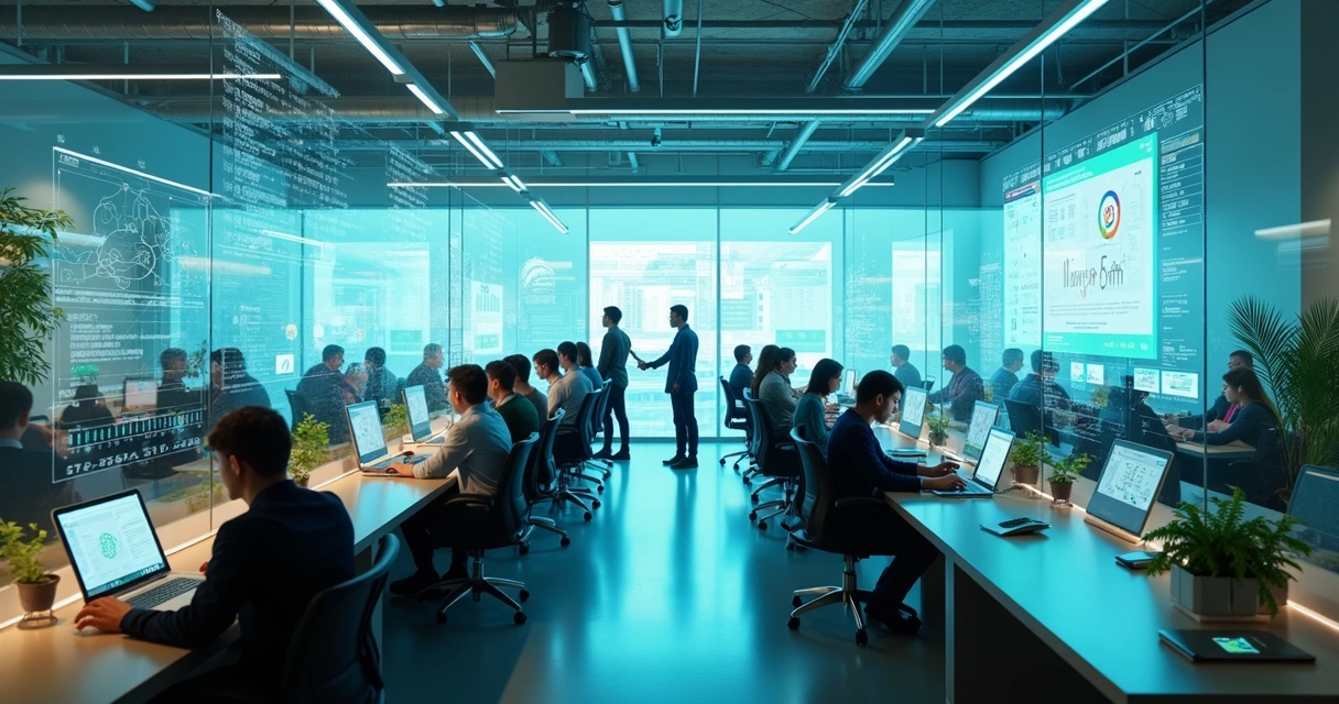 Ambiente digital futurista integrando pessoas e IA