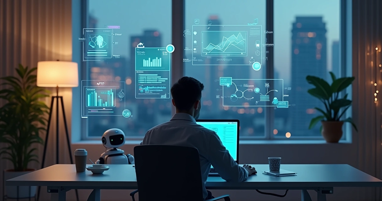 Profissional observa hologramas coloridos de tecnologia ao redor da mesa de trabalho 