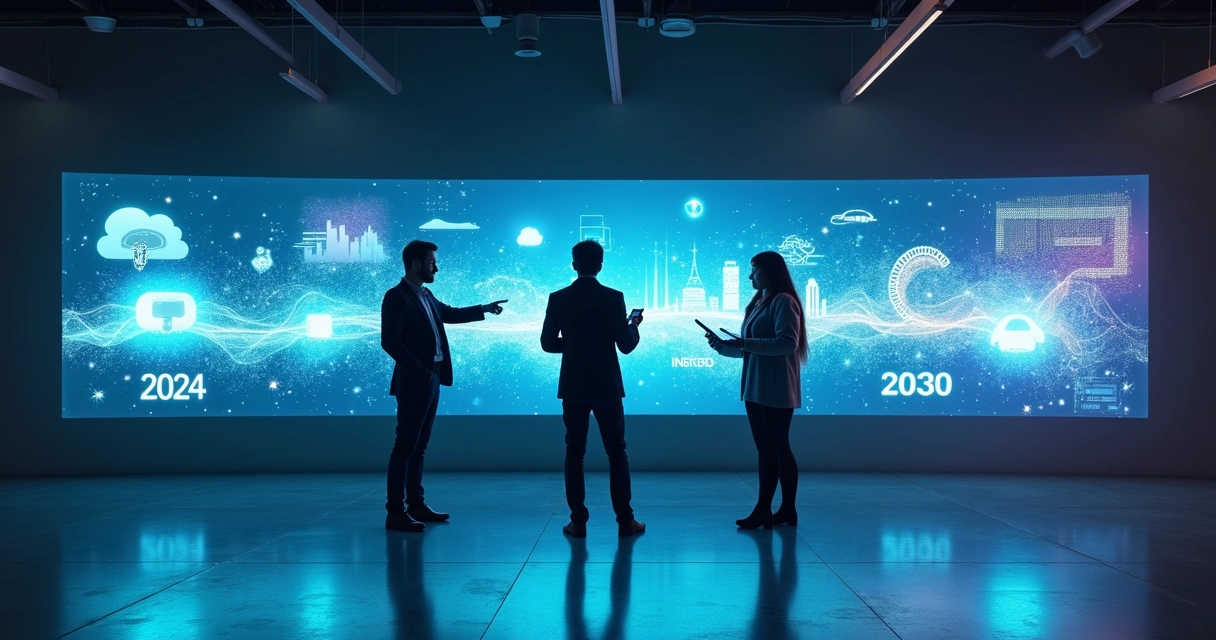 Profissionais observando linha do tempo digital de tecnologias até 2030 