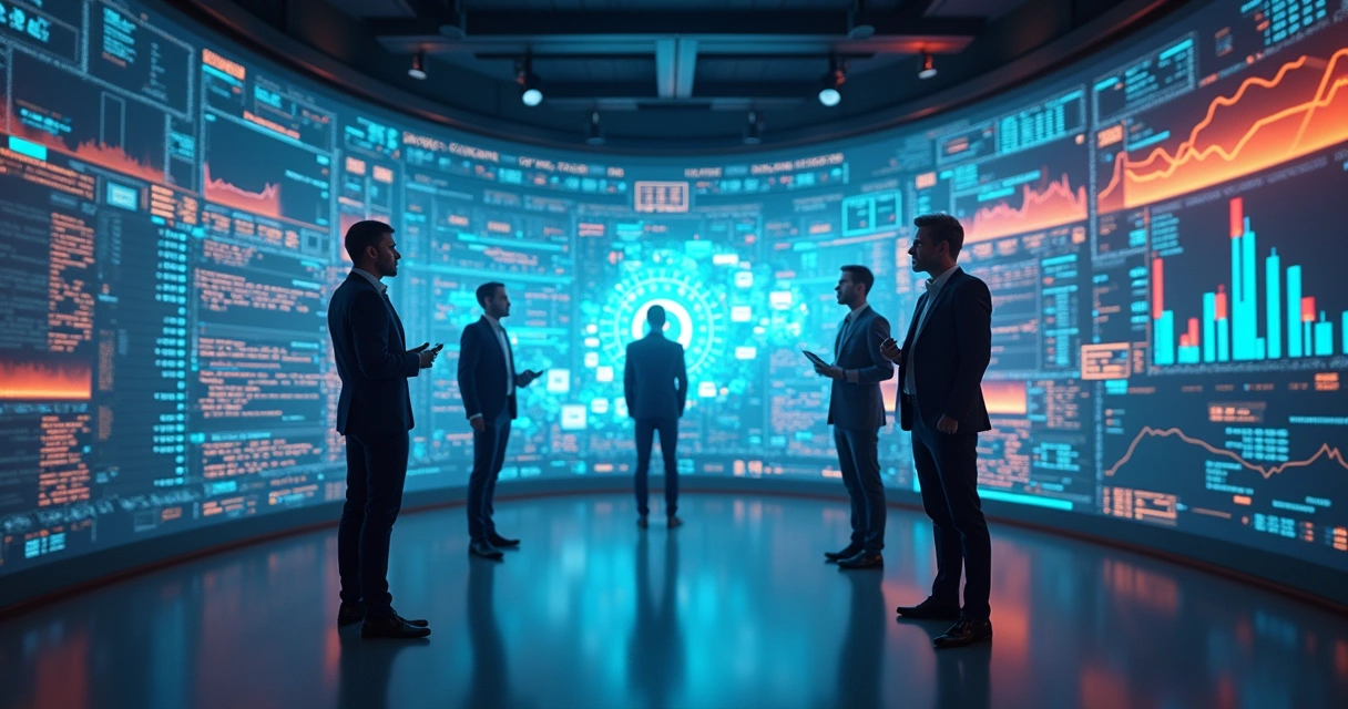 Visão futurista de traders humanos e robôs colaborando em ambiente digital 