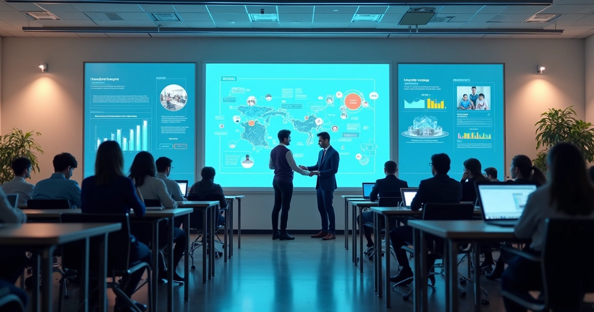 Ambiente escolar futuro com professores e alunos usando painéis digitais de aprendizagem