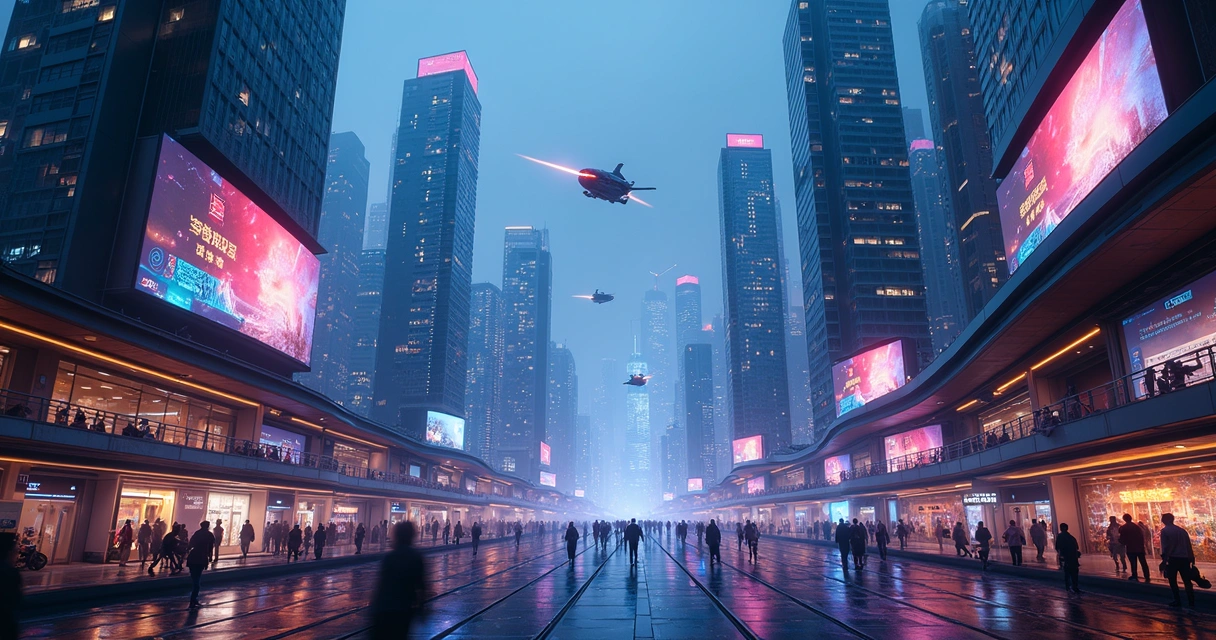 Ciudad futurista con rascacielos iluminados y vehículos voladores 