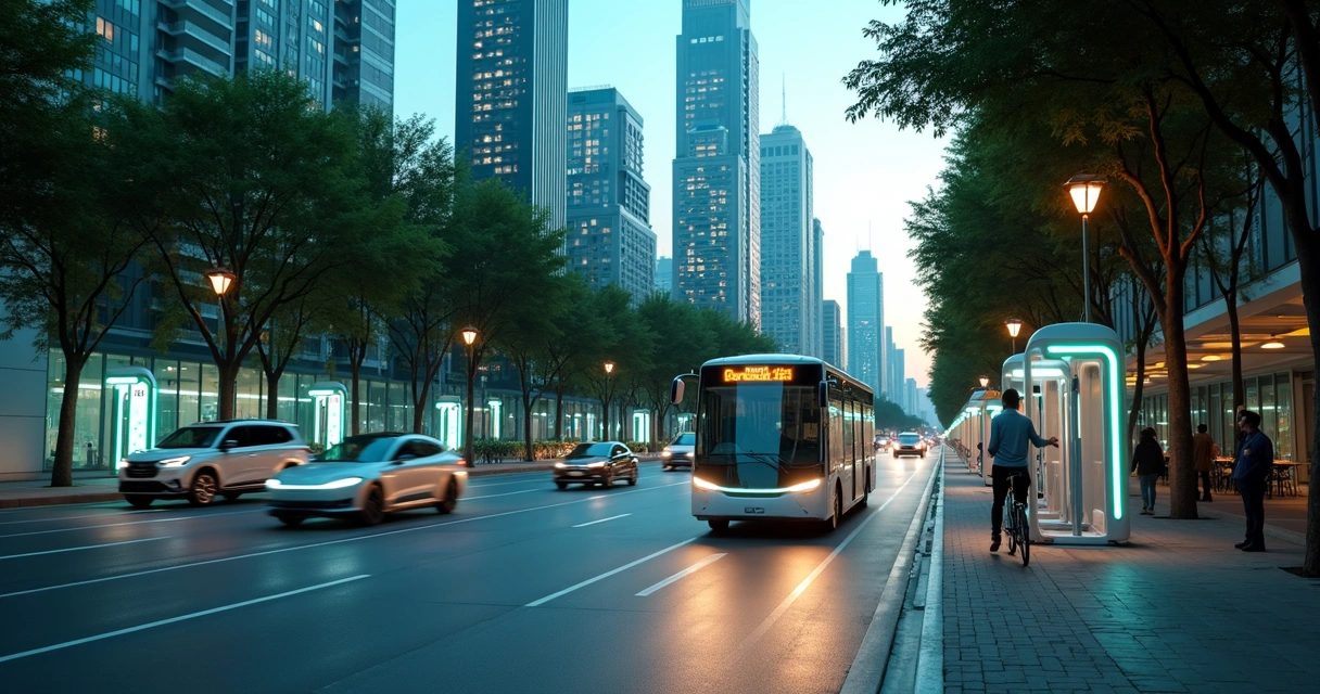 Cidade futurista com vários veículos eletrificados em movimento