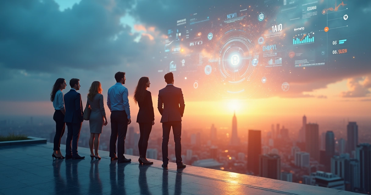 Equipe de vendas olhando para o horizonte digital com dados flutuando 