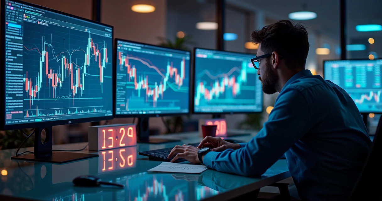 Operador de trading analisando gráficos de futuros de cripto em telas múltiplas 