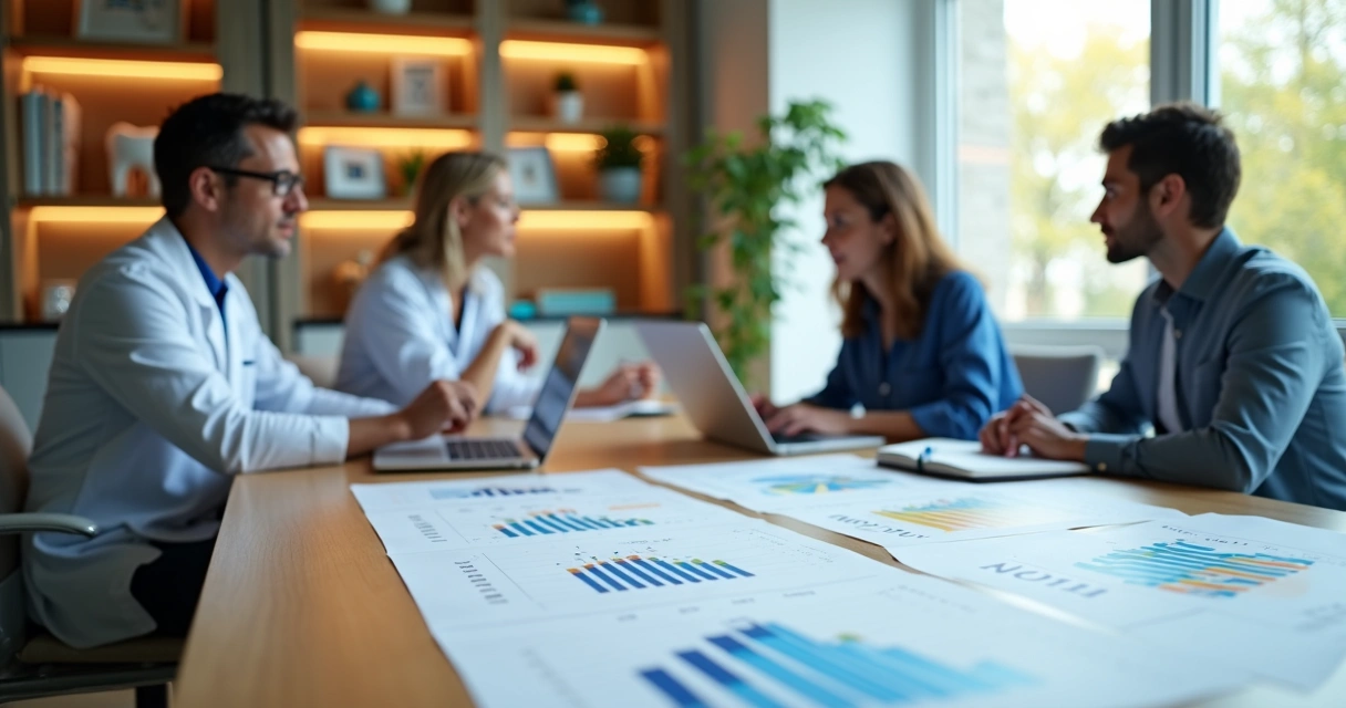 Dentista em reunião estratégica avaliando painel de métricas digitais impressas 