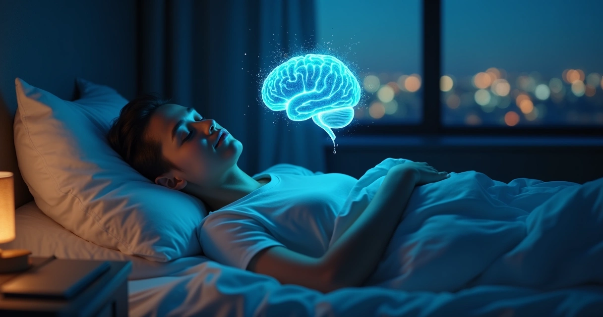 Cérebro iluminado em azul com pessoa relaxando na cama representando GABA sono e ansiedade 