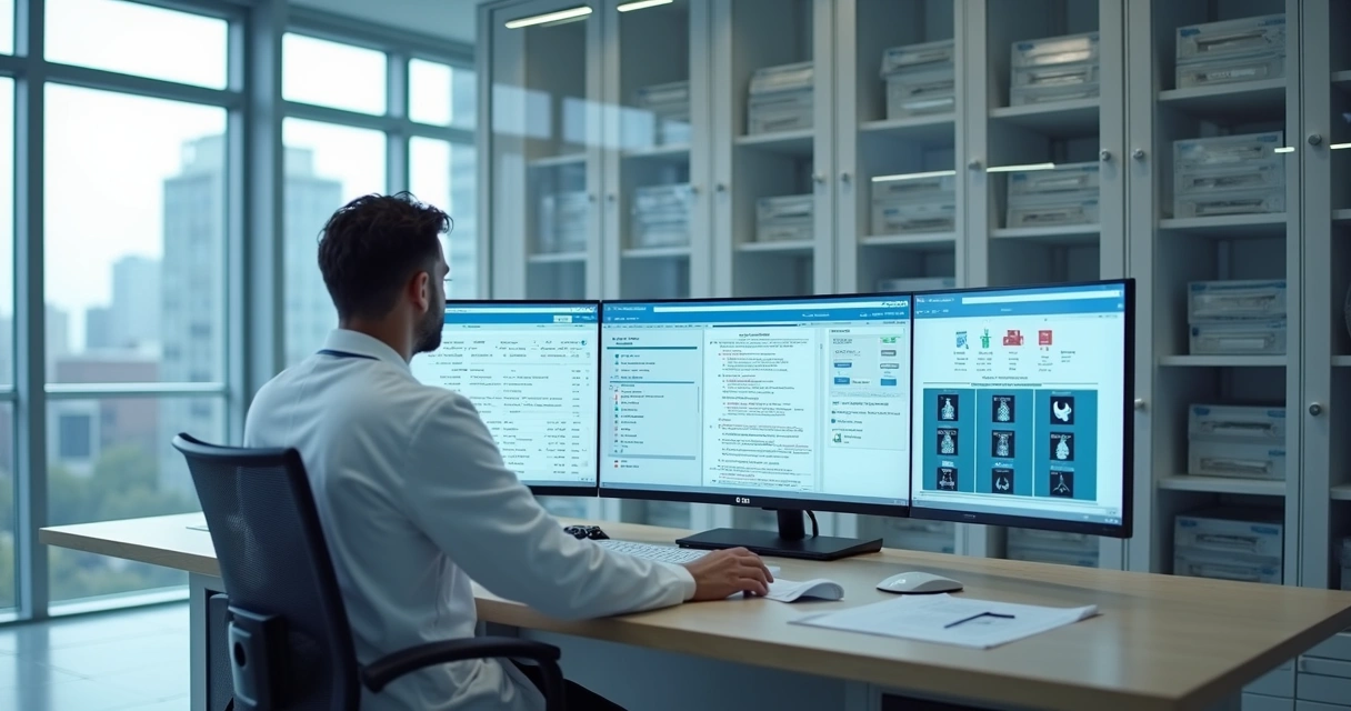 Médico revisa painel digital com documentos médicos organizados por inteligência artificial 