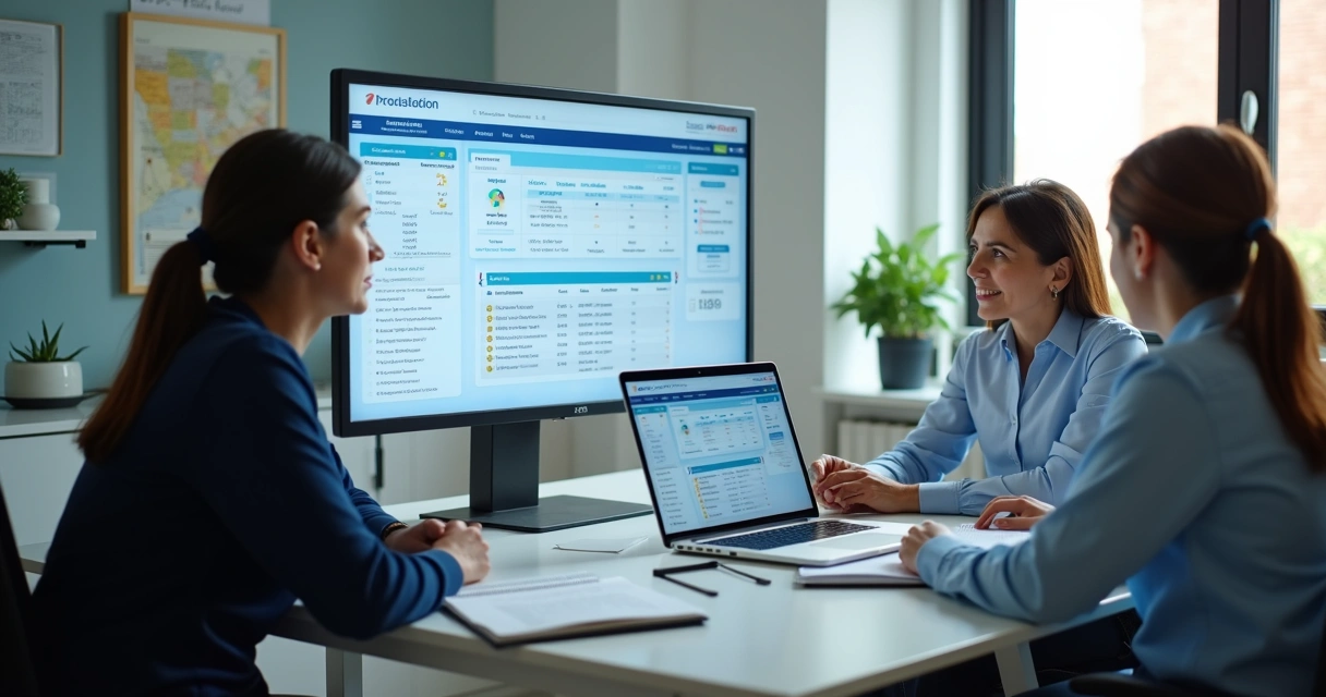 Tela de CRM político em gabinete com equipe analisando contatos e demandas 