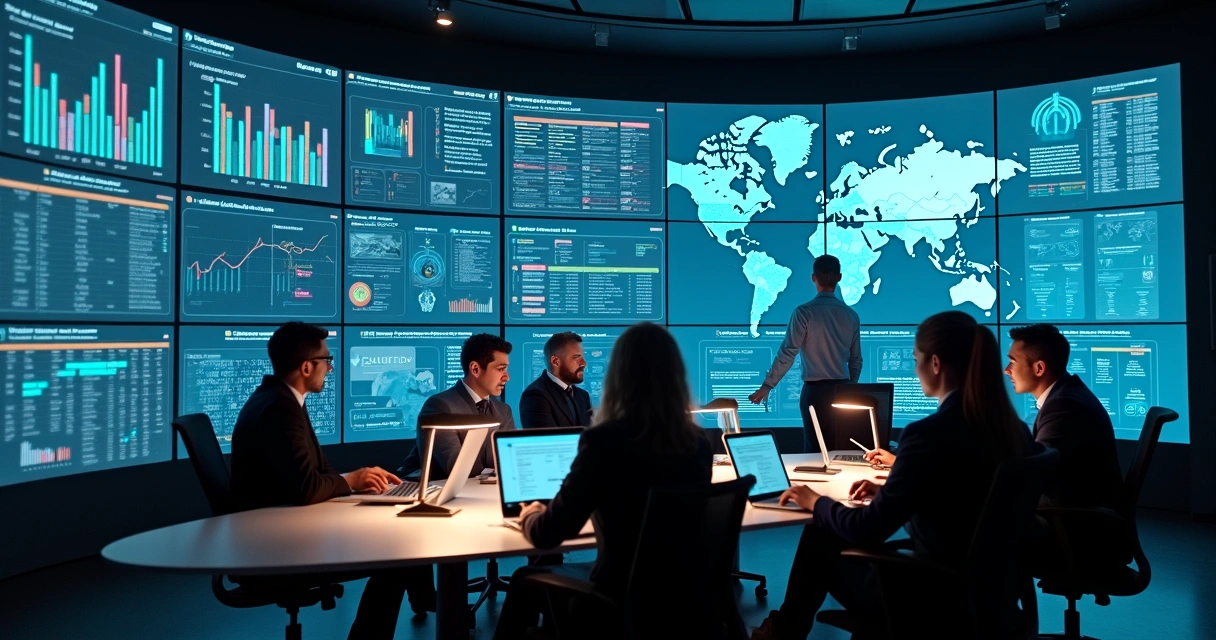 Parede de telas digitais exibindo dados de mandato em gabinete político moderno 