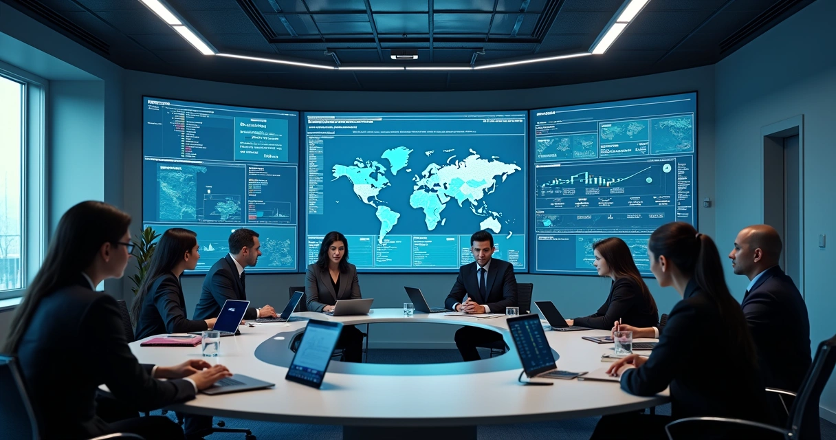 Equipe parlamentar usando painel digital em gabinete 