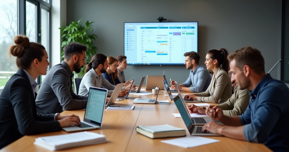 Equipe reunida em volta de mesa com computadores e tablets, organizando tarefas digitais 