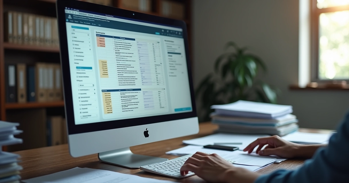 Assessor analisando documentos digitais em gabinete legislativo 