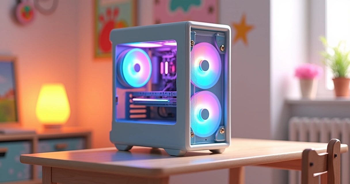 Gabinete colorido para computador montado em uma mesa infantil 