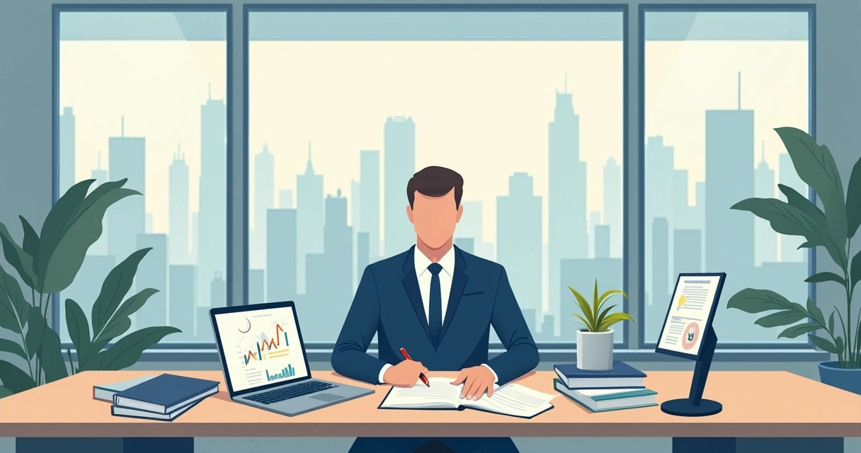 Gestor público em gabinete revisando documentos e interagindo digitalmente com cidadãos 