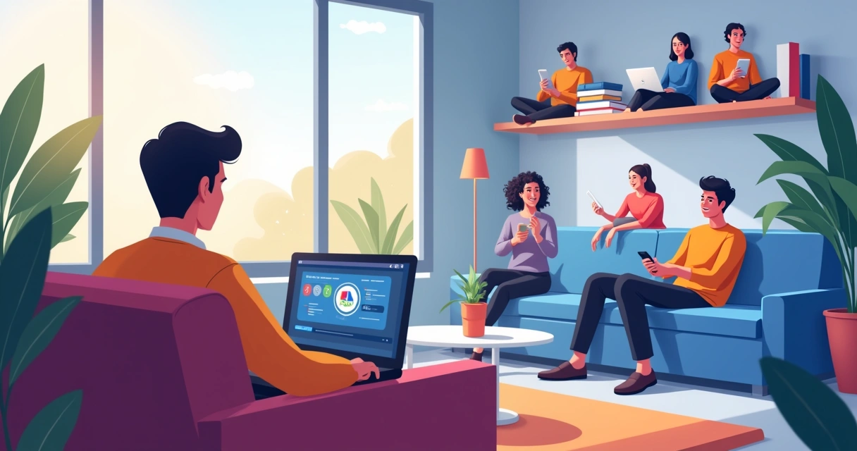 Ilustração de uma sala de estar com um cidadão usando um laptop para acessar um gabinete online, refletindo acessibilidade.