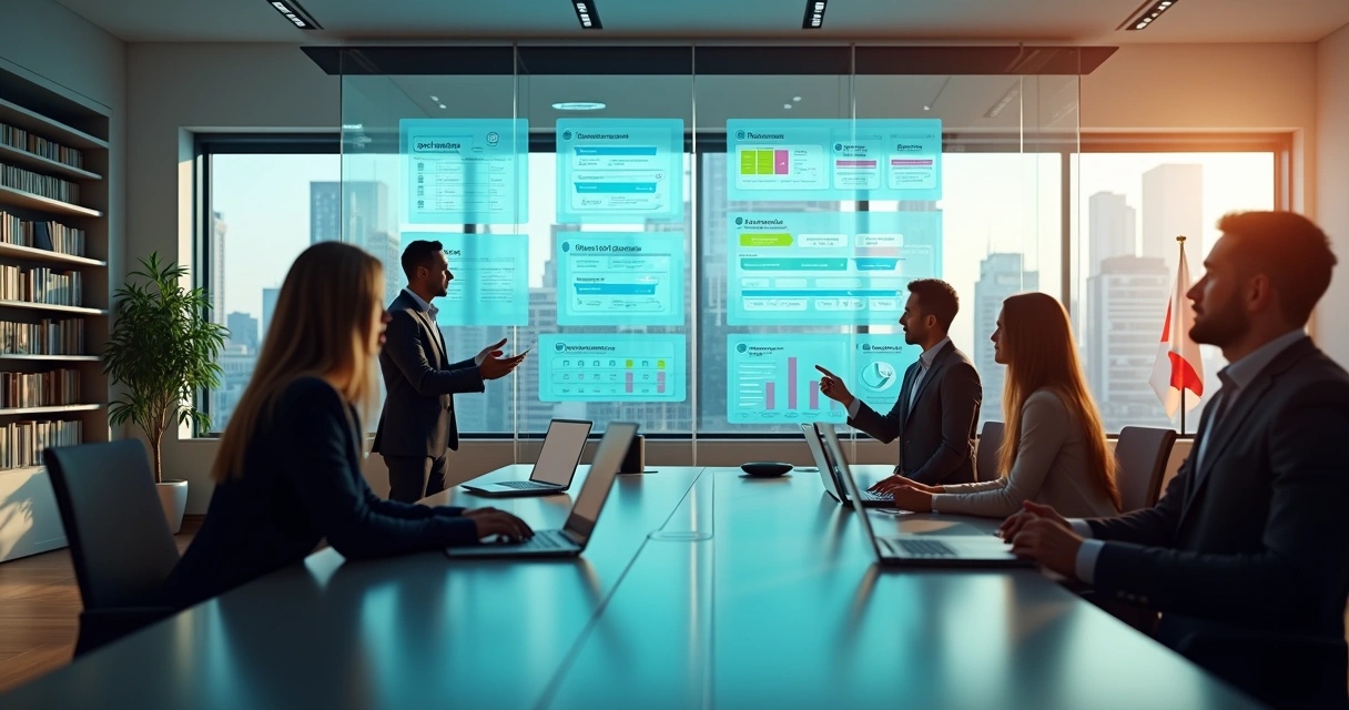 Equipe em gabinete parlamentar moderno usando tela digital de gestão integrada 