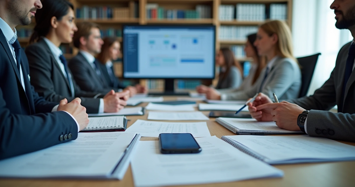 Equipe de gabinete em reunião com agenda e documentos 