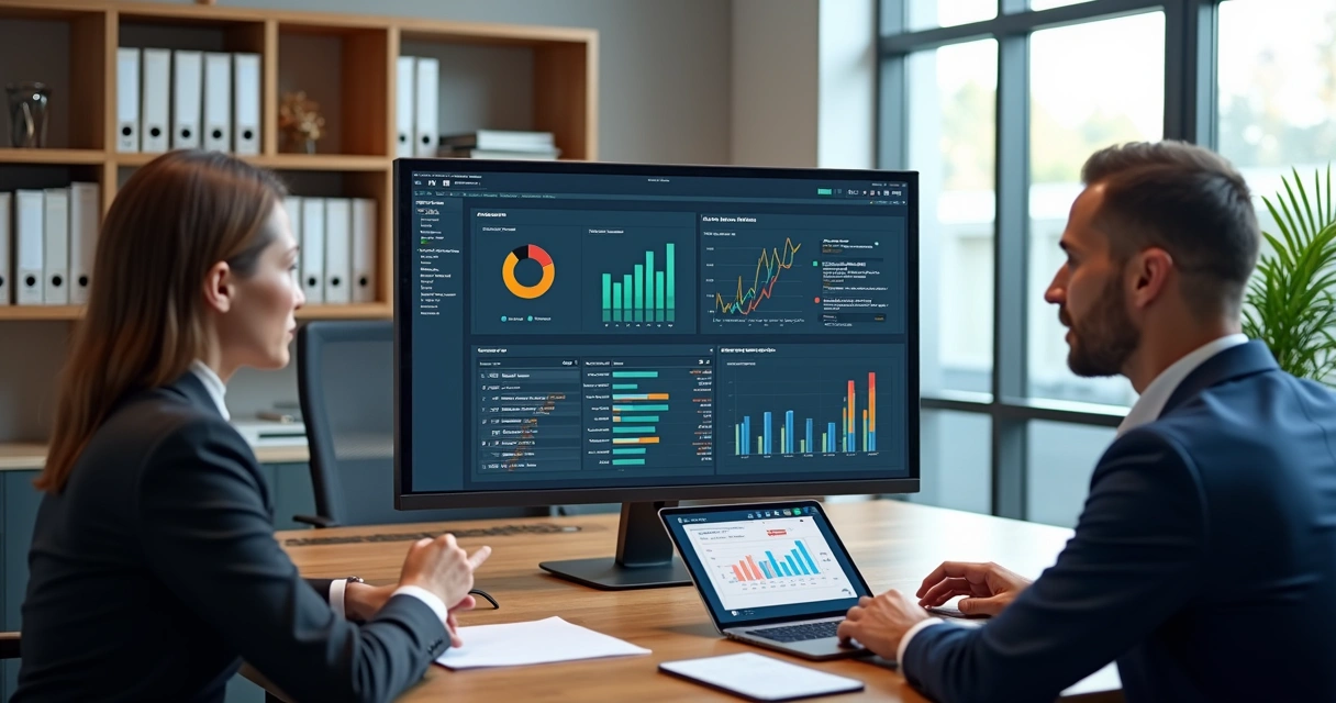 Vista de um gabinete político moderno com computadores, equipe reunida e telas mostrando dados digitais. 