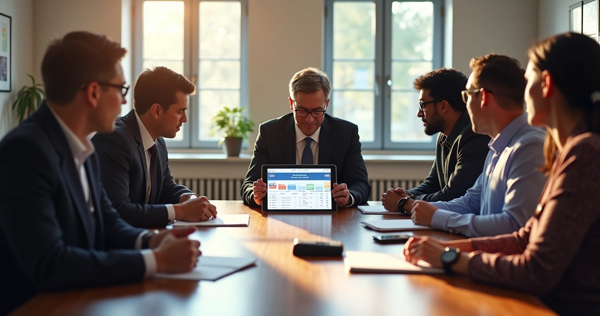 Equipe política acessando sistema em tablet durante reunião 