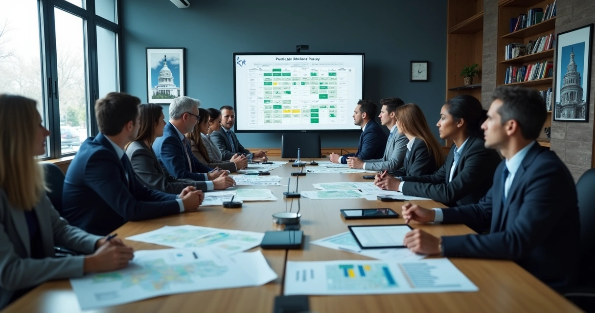 Reunião em gabinete político com mapas e telas 