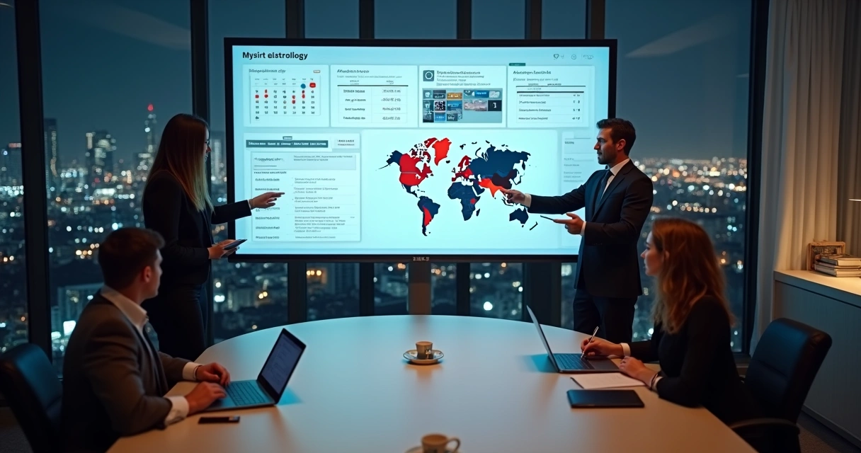 Equipe de gabinete político acompanhando painel digital em sala moderna de reuniões 