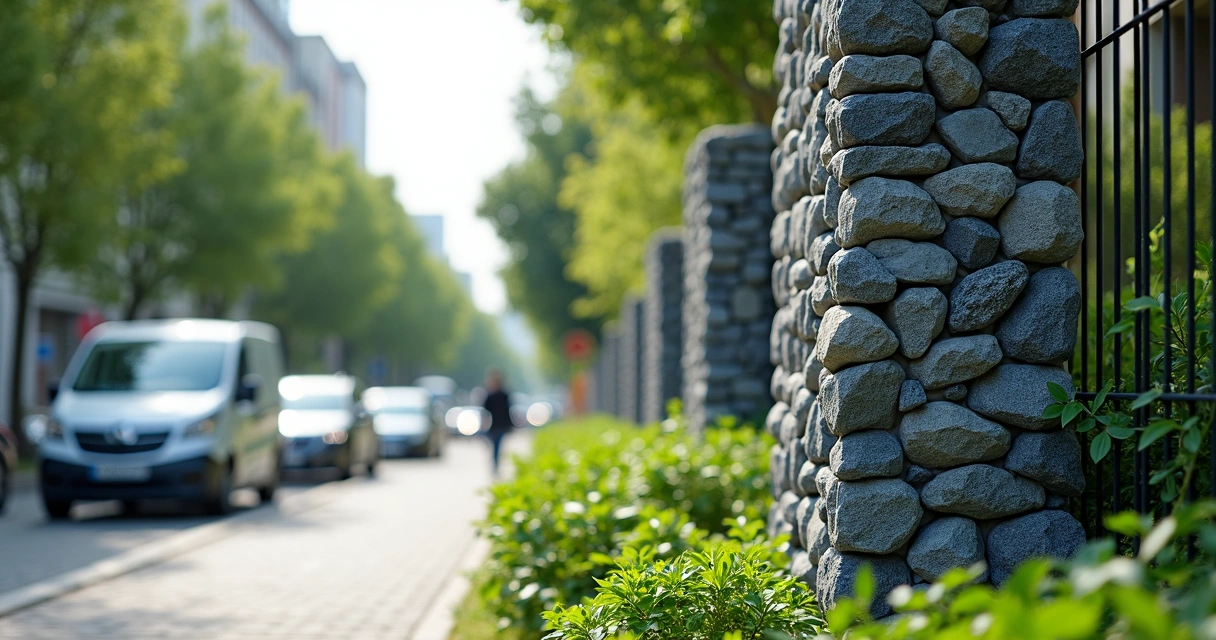 Gabion wall constructed in a city garden with plants 